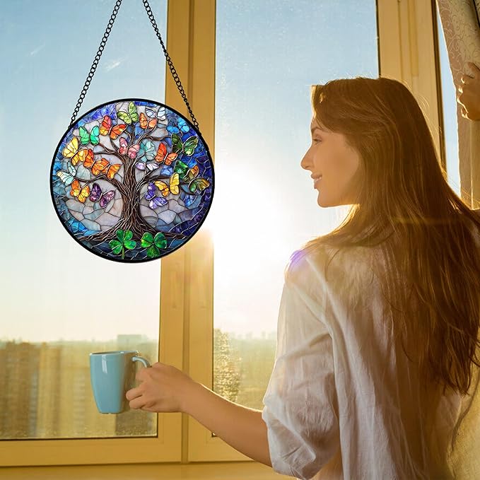 Stained Glass Window Hanging, Butterfly Tree Clover Sun Catchers Glass Panel Blue Suncatcher Decor for Birthday for Women, Men, Wife, Aunt, and Mom 6.3 in