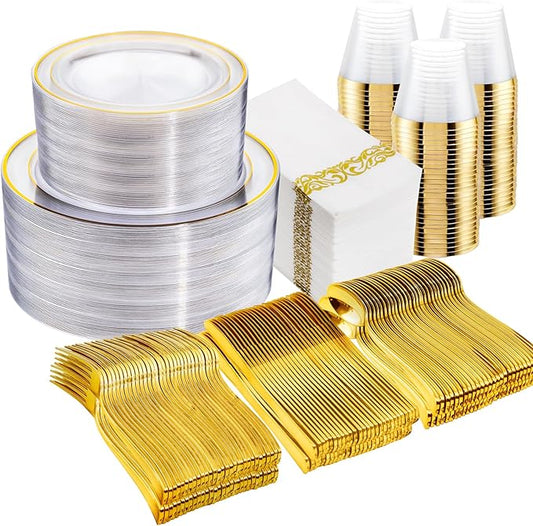 WELLIFE 350Pcs Clear and Gold Plastic Plates for 50 Guests - Disposable Plates for Party, Includes 100 Gold plates,150 Plastic Silverware, 50 Napkins, 50Cups, Disposable Dinnerware Set