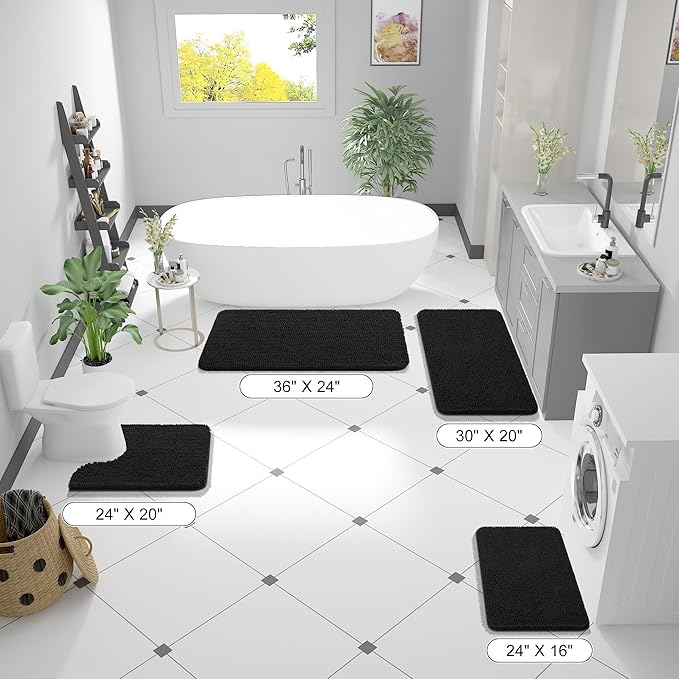 OLANLY Bathroom Rugs 47x17, Extra Soft Absorbent Chenille Bath Rugs, Rubber Backing Quick Dry, Machine Washable Bath Mats for Bathroom Floor, Tub and Shower, Home Decor Accessories, Black