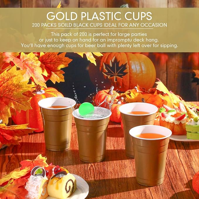 Mimorou Gold 200 Pack 16 oz Disposable Plastic Cups Bulk, Party Plastic Cups for Parties Stackable Beverage Drinking Tumbler Heavy Duty for Events Picnics and BBQ Wedding Birthday Baby Shower