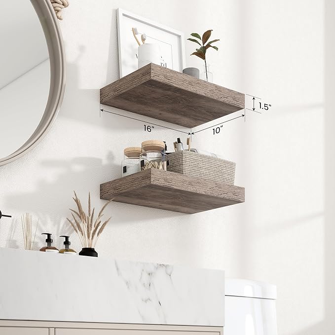 Axeman 16Inch Floating Shelves for Wall, 2 Pack Shelves for Bedroom, Bathroom, Kitchen, Hanging Wall Mounted Rustic Wood Shelf with Invisible Brackets for Books Decor, Grey
