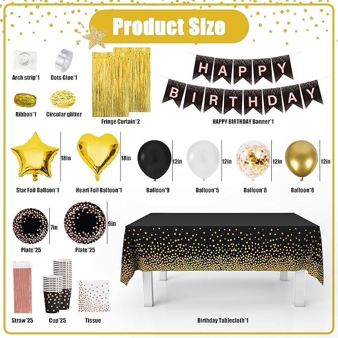 140 Pcs Black And Gold Birthday Decorations For Men And Women,Balloon,Happy Birthday Banner,Fringe Curtains,Cake Topper,Plates,Cups, For 25 Guests