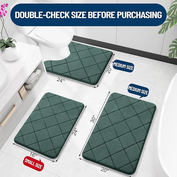 OLANLY Memory Foam Bath Mat 36x24, Ultra Soft and Absorbent Bathroom Rugs, Machine Washable, Comfortable Bath Carpet for Bathroom Floor, Tub and Shower, Dark Green
