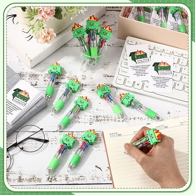50 Sets Christmas Dumpster Fire Pens Gifts Bulk, Funny Dumpster 4-in-1 Multicolor Ballpoint Pen Desk Accessories with Positive Cards for Classroom Student Rewards and Holiday Party Supplies