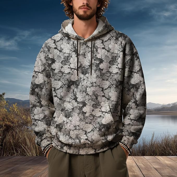 Mens Camo Hoodies Maple Leaf Graphic Camouflage Pullover Sweatshirts Hooded Fleece Casual Hunting Fall Outfits