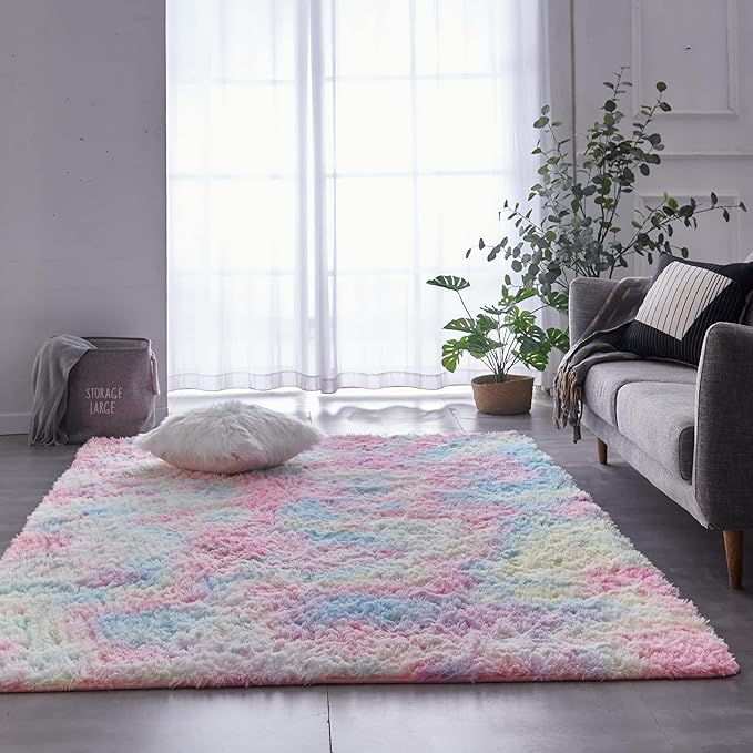 TABAYON Shag Area Rug, 4'x6' Tie-Dyed Rainbow Indoor Ultra Soft Plush Rugs for Living Room, Non-Skid Modern Nursery Faux Fur Rugs for Kids Room Home Decor