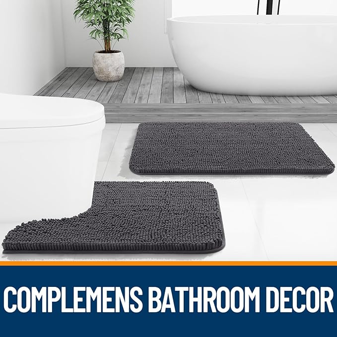 OLANLY Bathroom Rugs 50x30, Extra Soft Absorbent Chenille Bath Rugs, Rubber Backing Quick Dry, Machine Washable Bath Mats for Bathroom Floor, Tub and Shower, Home Decor Accessories, Dark Grey