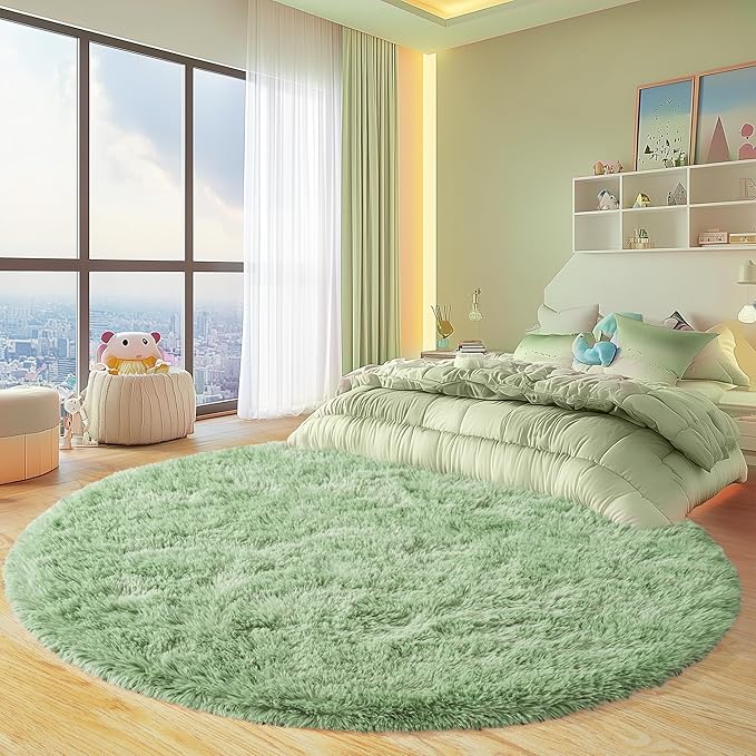 Round Fluffy for Bedroom Rugs, 6Ft Sage Green Shag Circle Rug Non-Slip for Kids Girls Boys Bedroom Dorm Nursery Playroom, Soft Cute Area Rugs for Living Room Decor