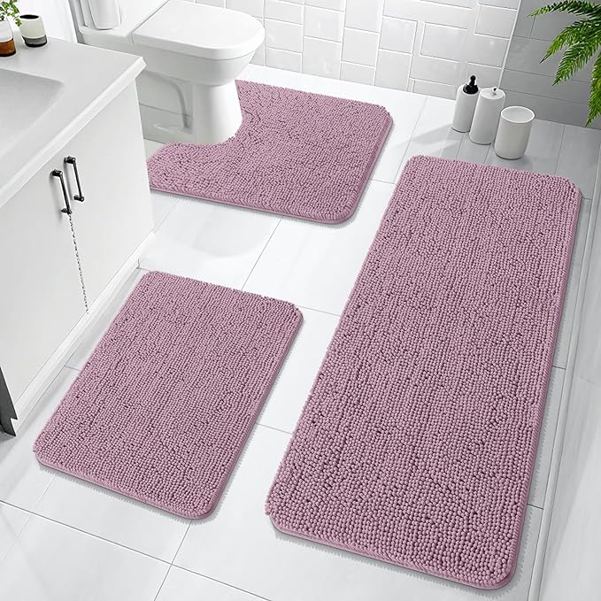 OLANLY Bathroom Rugs Sets 3 Piece, Soft Absorbent Chenille Bath Mats and U-Shaped Contour Toilet Rug, Quick Dry, Home Decor Accessories, Bath Mat Set for Bathroom (47"x20"+24"x16"+24"x20", Deep Plum)