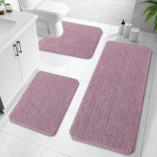 OLANLY Bathroom Rugs Sets 3 Piece, Soft Absorbent Chenille Bath Mats and U-Shaped Contour Toilet Rug, Quick Dry, Home Decor Accessories, Bath Mat Set for Bathroom (47"x20"+24"x16"+24"x20", Deep Plum)