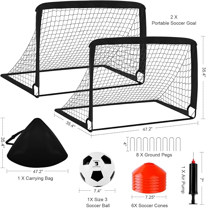 Kids Soccer Goals for Backyard Set - 2 Pack of 4' x 3' Portable Pop Up Soccer Nets, Training Equipment with Soccer Ball, Soccer Set for Kids Toddler and Youth Outdoor Games, Sports, Gifts