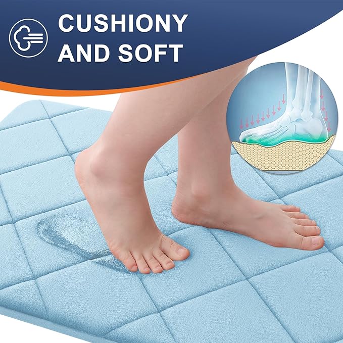 OLANLY Memory Foam Bath Mat 59x20, Ultra Soft and Absorbent Bathroom Rugs, Machine Washable, Comfortable Bath Carpet for Bathroom Floor, Tub and Shower, Sky Blue