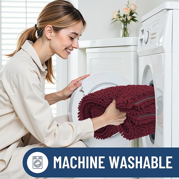 Smiry Luxury Chenille Bathroom Rugs 47x24, Extra Soft and Absorbent Shaggy Bath Mat, Machine Washable, Non-Slip Plush Carpet Runner for Tub, Shower, and Floor, Home Decor Accessories, Burgundy