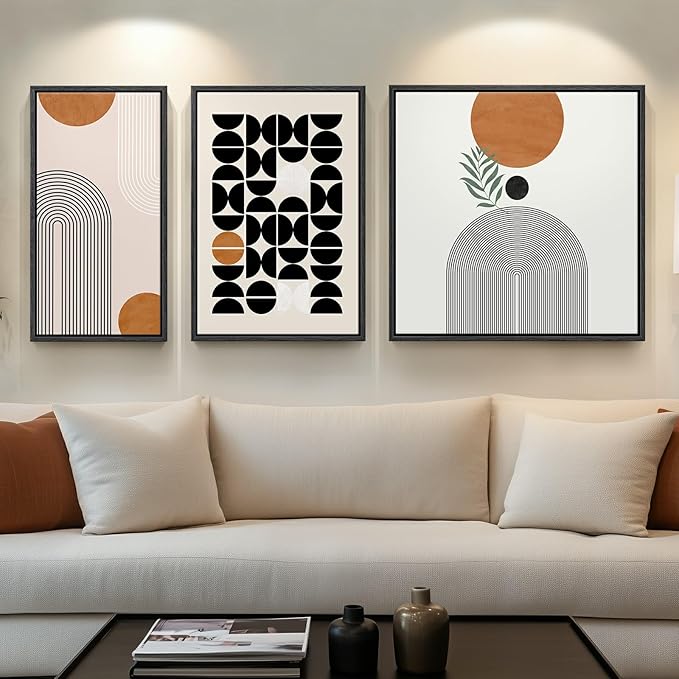 Framed Orange Abstract Wall Art for Living Room, Boho 3 Piece Large Black and White Geometric Canvas Painting Prints, Minimalist Botanical Sun Artworks for Bedroom Hallway Office Wall Decor