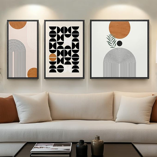 Framed Orange Abstract Wall Art for Living Room, Boho 3 Piece Large Black and White Geometric Canvas Painting Prints, Minimalist Botanical Sun Artworks for Bedroom Hallway Office Wall Decor
