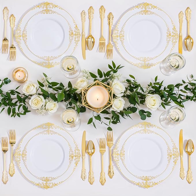 Nervure 175PCS White and Gold Plastic Plates - Disposable Dinnerware Set Include 50 Gold Plates for Dinner and Dessert, 75 Cutlery, 25Cups 25Napkins for Wedding & Party & Thanksgiving