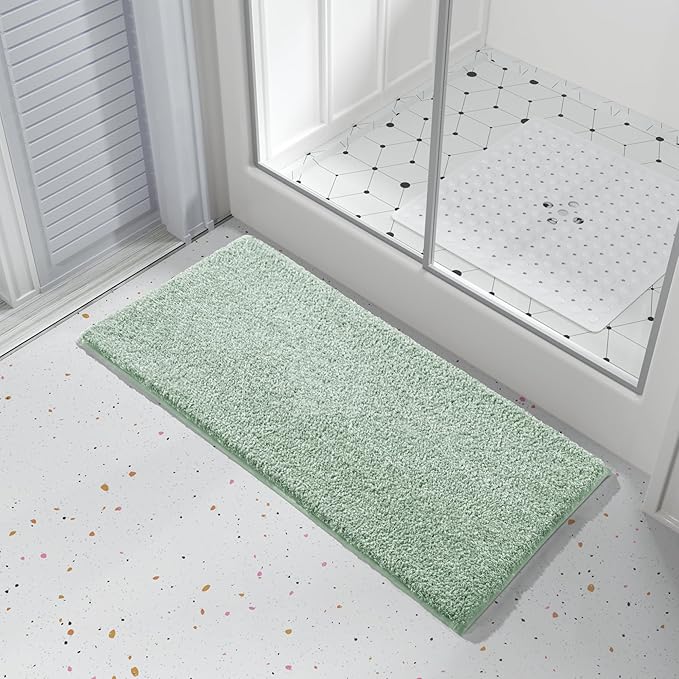 Yimobra Long Bathroom Rug Non Slip Washable, Soft Absorbent Microfiber Bath Mat, Dual-Tone Decor Rug with Rubber Backing for Bathroom Floor Tub and Shower,44x24,Home Essentials,Green and White