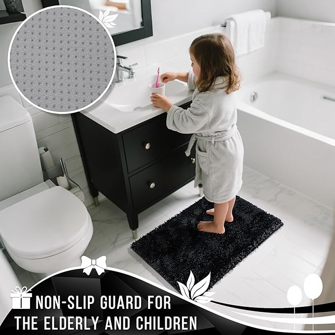 Yimobra Long Bathroom Rug Non Slip 44x24 Inch, Extra Thick Soft Absorbent Chenille Bath Mat, Machine Washable Quick Dry Bath Rugs for Bathroom Floor, Tub and Shower, Home Decor Accessories, Black