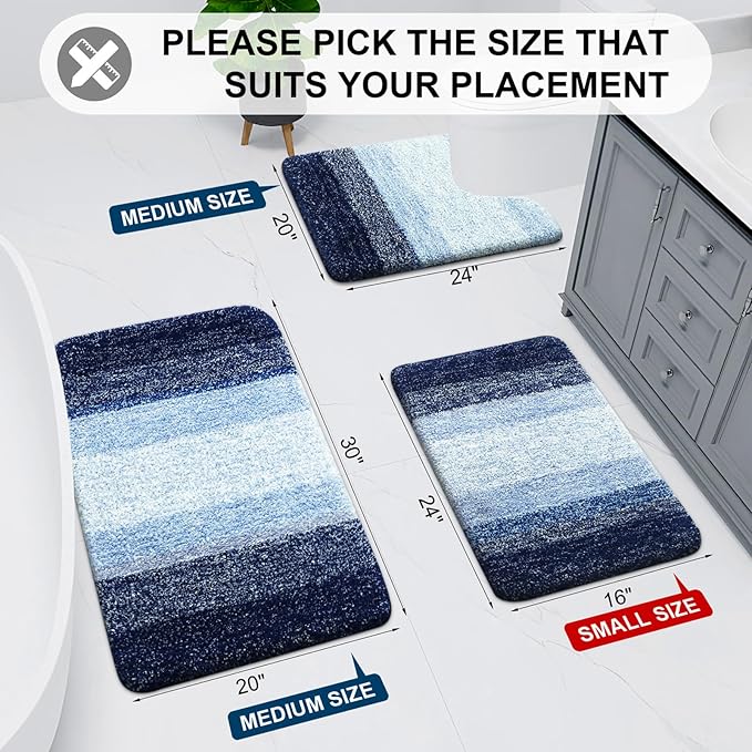 Arotive Microfiber Bathroom Rugs, Shaggy Soft and Absorbent Bath Rug, Non-Slip, Thick Plush Machine Washable Dry Bath Mats for Bathroom, Tub and Shower, 44x24, Blue, Rectangular