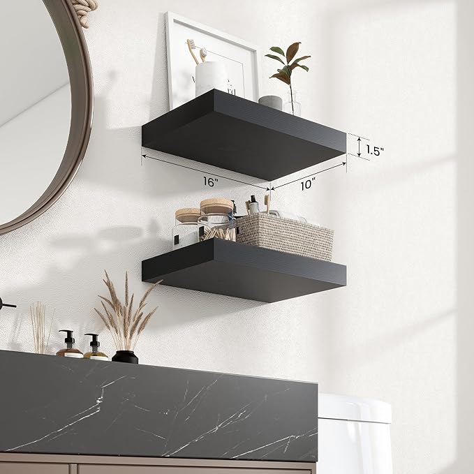 Axeman 16Inch Floating Shelves for Wall, 2 Pack Shelves for Bedroom, Bathroom, Kitchen, Hanging Wall Mounted Rustic Wood Shelf with Invisible Brackets for Books Decor, Black