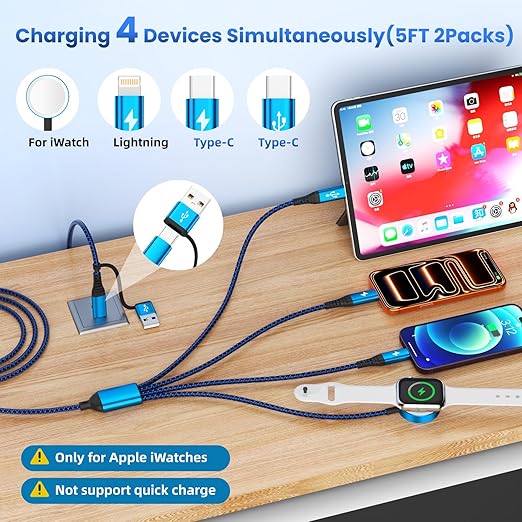 Multi Charging Cable with Dual Type-C Ports, 4 in 2 USB A/C Charing Cord for Apple Watch Charger/iPhone Charger/L Port, 5FT 2Pack iWatch Cable Travel Essentials for iWatch/iPhone 17-11/Android
