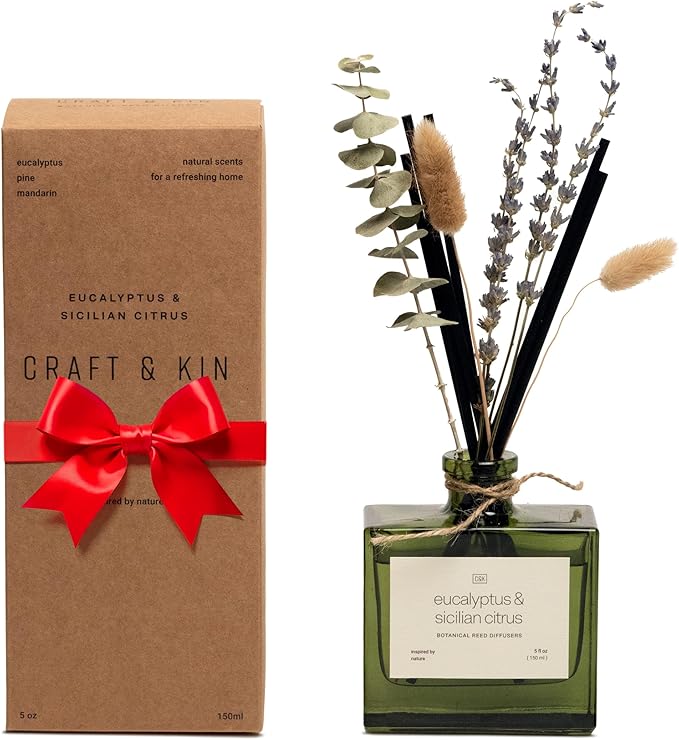 Craft & Kin Reed Diffuser with Dried Flowers | 5 oz Sicilian Citrus & Eucalyptus Scented Fall Reed Diffusers for Home, Bathroom | Scent Sticks | Elegant Fragrance Home Decor for Men & Women