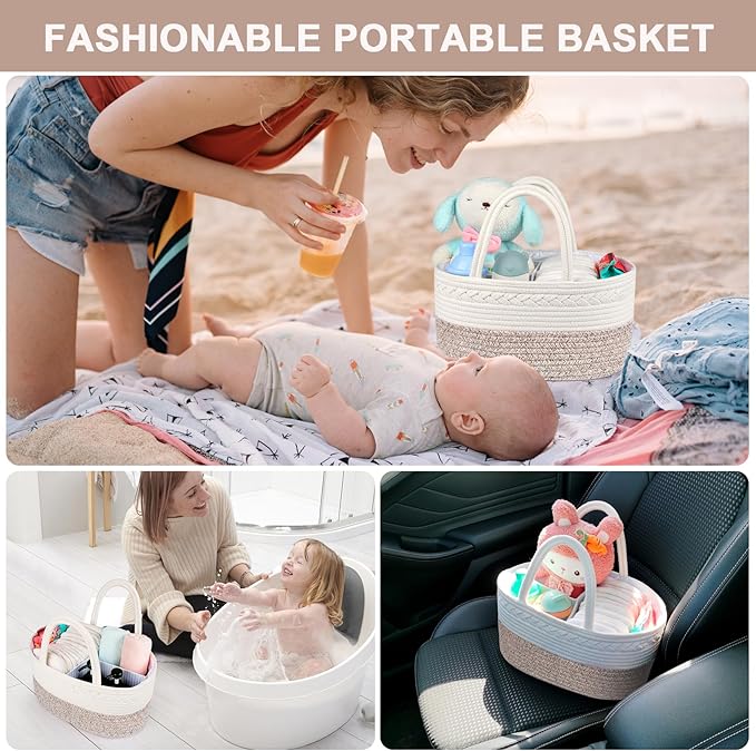ABenkle X-Large Diaper Caddy Organizer, Boho Rustic Cotton Rope Nursery Baby Basket, Changing Table Organizer for Baby Diaper Storage and Baby Shower