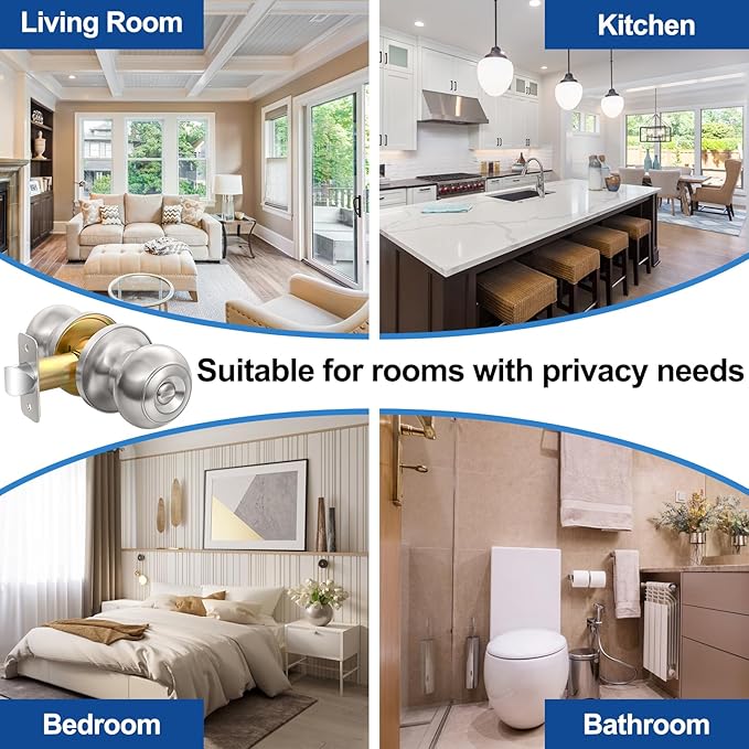 Privacy Door Knob, Brushed Nickel Door Knobs Interior Keyless Locks Set(6 Pack), Bedroom Bathroom Door Knob with Lock, Reversible for Left/Right Door Handle
