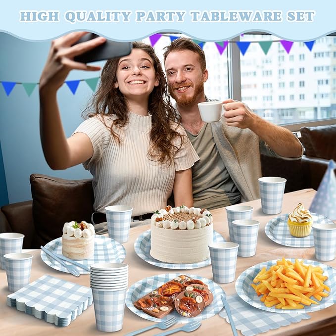 Vyntra 350 PCS Blue Gingham Party Supplies, Disposable 7 & 9 In Plates and Napkins, Cups, Knives, Forks, Spoons for Boy Birthday, Summer Picnic, Pool Party (Blue, Serves 50)