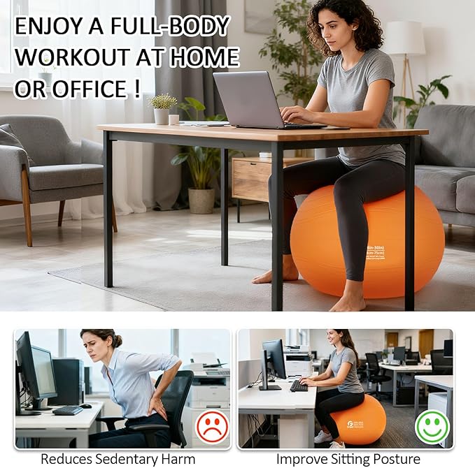 Gruper Yoga Ball, Multiple Sizes Non Slip Exercise Ball for Workout, Birthing, Balance, Stability, Pregnancy, 2200LB Capacity, Anti Burst Chair for Home and Office, Includes Quick Pump & Fitness Guide