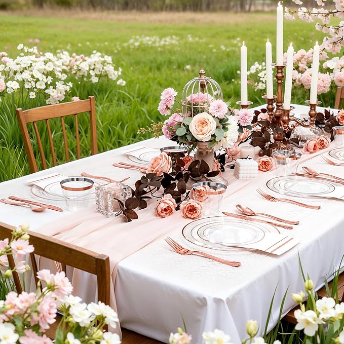 GATHER 350PCS Rose Gold Plastic Plates - Disposable Rose Gold Dinnerware Includes 100 Clear Rose Golds Rimmed Plastic Plates, 150 Silverware, 50 Napkins, 50 Cups for Party, Wedding