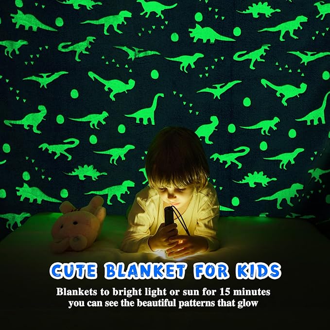 inhand Dinosaur Toys for Kids Glow in The Dark Dinosaur Blanket Christmas Birthday Valentine's Day Easter Party Decorations Favors,2 3 4 5 6 7 8 9 10 Year Old Boy Gifts Soft Blanket（50"X60" Blue Dino
