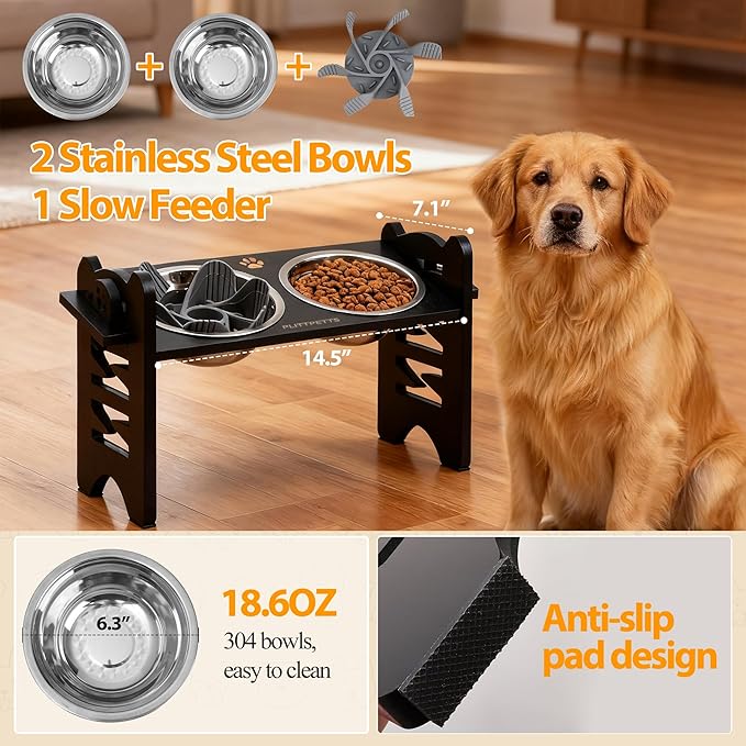 Elevated Dog Bowls, 9 Heights Adjustable Raised Dog Bowl Stand for Small & Medium Pet with 2 Stainless Steel Dishes and 1 Slow Feeder Bowl, Sturdy Bamboo Pet Food Dishes with Non-Slip Feet