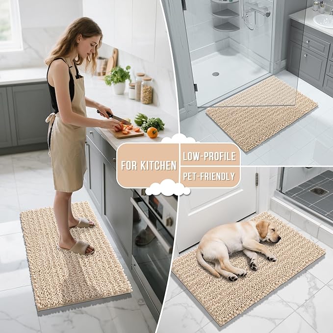 Yimobra Long Bathroom Rugs Non Slip Washable 44x24 Inch - Ultra Soft Absorbent Polyester Bath Mat, Quick Dry Shaggy Floor Carpet for Tub Shower, Light Brown Home Decor Accessories