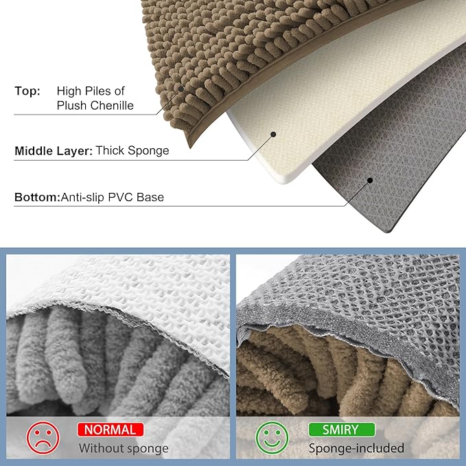 Smiry Luxury Chenille Bathroom Rugs 59x24, Extra Soft and Absorbent Shaggy Bath Mat, Machine Washable, Non-Slip Plush Carpet Runner for Tub, Shower, and Floor, Home Decor Accessories, Camel