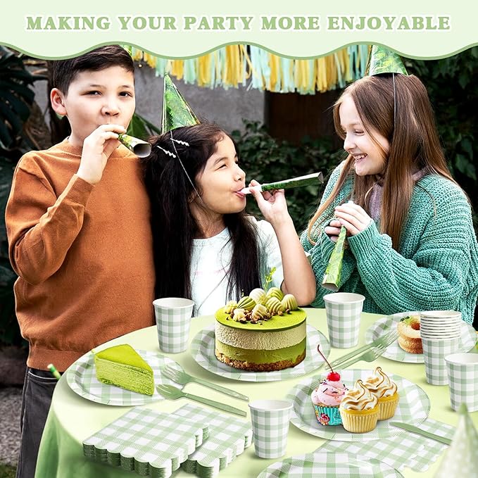 Vyntra 350 PCS Sage Green Gingham Party Supplies, Disposable 7 & 9 In Plates and Napkins, Cups, Knives, Forks, Spoons for Rustic Wedding, Garden Party, Baby Shower (Sage Green, Serves 50)