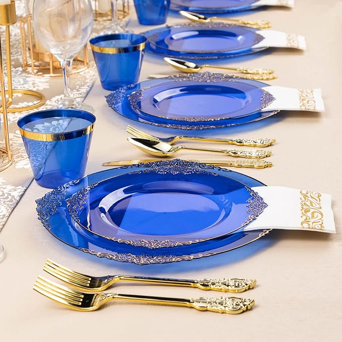 175PCS Clear Blue Plastic Plates for 25 Guests, Disposable Plates with Gold Trim include 25 Dinner and Dessert Plates, 75 Gold Silverware, 25 Cups, 25 Napkins for Party, Wedding & Graduation