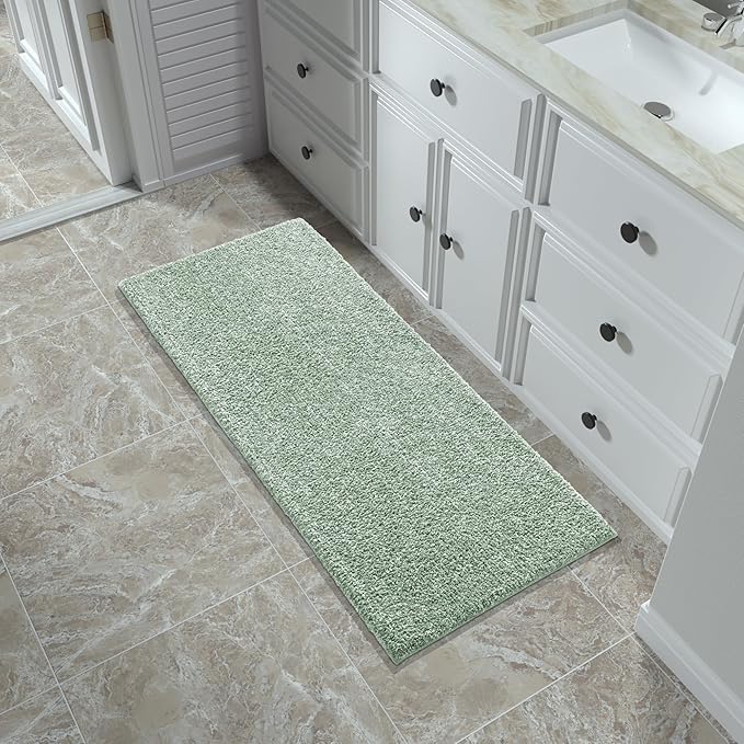 Yimobra Bathroom Runner Rug Non Slip Washable, Soft Absorbent Microfiber Long Bath Mat, Dual-Tone Decor Rug with Rubber Backing for Floor, Tub and Hallway,56x24,Home Essentials,Green and White