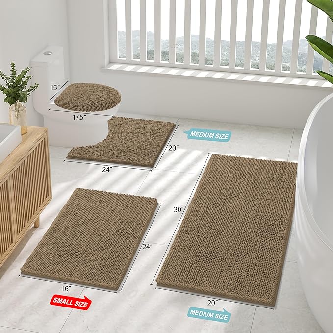 Smiry Luxury Chenille Bathroom Rugs 50x30, Extra Soft and Absorbent Shaggy Bath Mat, Machine Washable, Non-Slip Plush Carpet Runner for Tub, Shower, and Floor, Home Decor Accessories, Camel