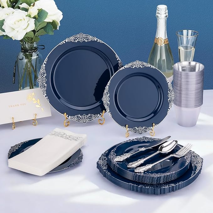 175PCS Navy Blue Plastic Plates for 25 Guests, Disposable Plates with Gold Trim include 25 Dinner and Dessert Plates, 75 Gold Silverware, 25 Cups, 25 Napkins for Party, Wedding & Graduation