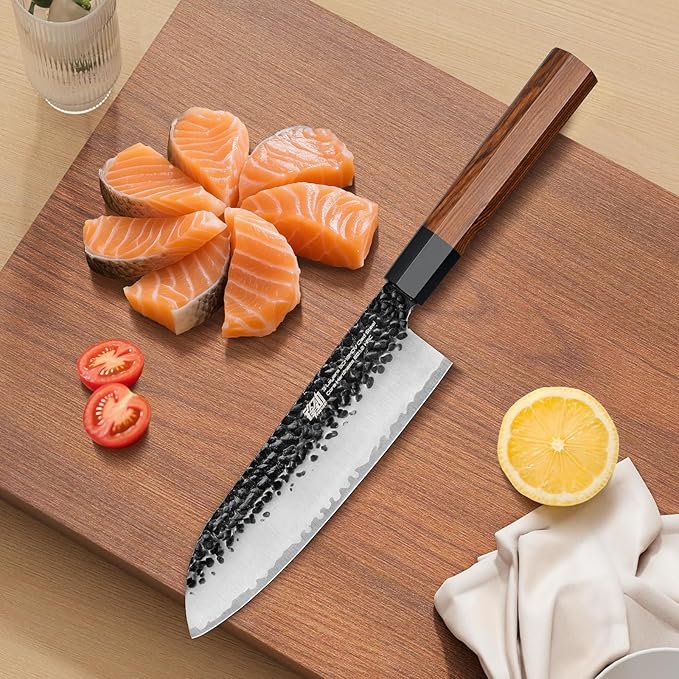 FINDKING Dynasty Series Japanese Santoku Knife, Professional Kitchen Knife, 9Cr18MoV High Carbon Steel Blade, African Rosewood Octagonal Handle, for Meat, Fruits, Vegetables, 7 Inches