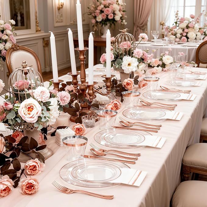 GATHER 350PCS Rose Gold Plastic Plates - Disposable Rose Gold Dinnerware Includes 100 Clear Rose Golds Rimmed Plastic Plates, 150 Silverware, 50 Napkins, 50 Cups for Party, Wedding