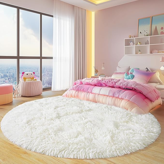 Round Fluffy Rugs 5Ft for Girls Bedroom, Cream White Shag Circle Kids Rug Non-Slip for Bedside Dorm Nursery Playroom, Soft Cute Area Rugs for Living Room Decor