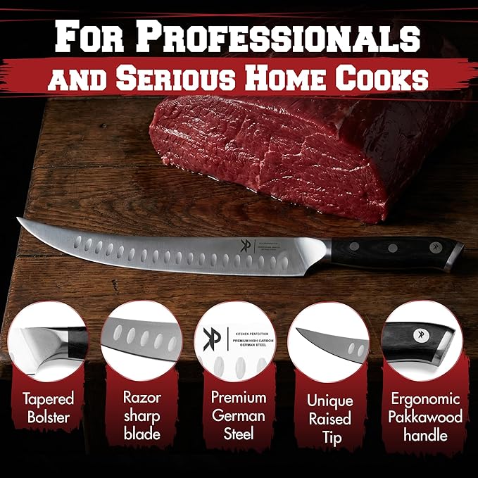 KITCHEN PERFECTION 10” Butcher Knife for Meat Cutting & Trimming-Ultra Sharp Cimeter Breaking Carving Knife with Sheath- Premium German Steel,Full Tang Ergonomic Handle -Perfect Grilling Gifts for Men