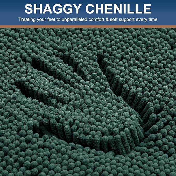 Smiry Luxury Chenille Bathroom Rugs 30x20, Extra Soft and Absorbent Shaggy Bath Mat, Machine Washable, Non-Slip Plush Carpet Runner for Tub, Shower, and Floor, Home Decor Accessories, Green