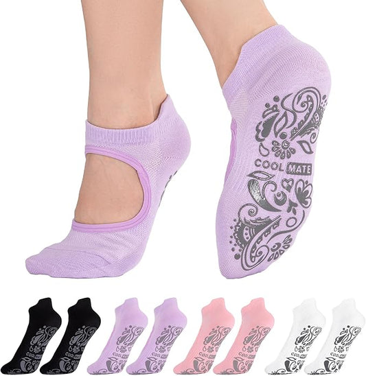 CoolMate Pilates Socks with Grips for Women, Yoga Socks, Crew Non Slip Women for Barre, Pilates Gifts