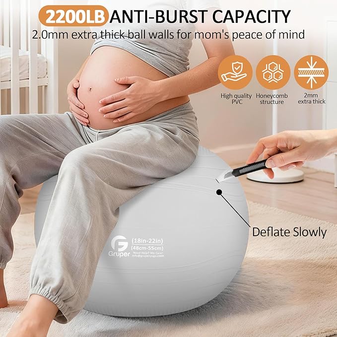 Gruper Yoga Ball, Multiple Sizes Non Slip Exercise Ball for Workout, Birthing, Balance, Stability, Pregnancy, 2200LB Capacity, Anti Burst Chair for Home and Office, Includes Quick Pump & Fitness Guide