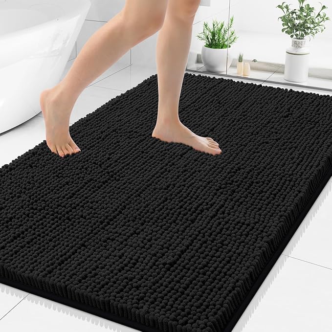 Smiry Luxury Chenille Bathroom Rugs 44x32, Extra Soft and Absorbent Shaggy Bath Mat, Machine Washable, Non-Slip Plush Carpet Runner for Tub, Shower, and Floor, Home Decor Accessories, Black