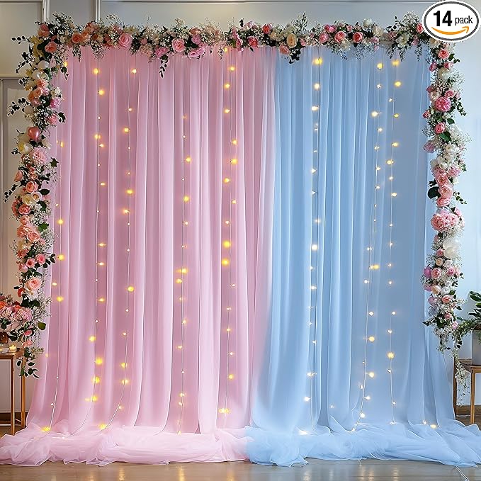 10×10ft Pink Blue Tulle Backdrop Curtain with Lights String for Parties, Sheer Photo Backdrop Curtains for Wedding Party Photography Background