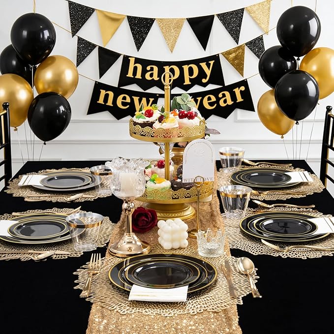 GATHER 350PCS Black Plastic Plates - Black and Gold Disposable Dinnerware Set Include 100 Plates, 150 Gold Silverware, 50 Napkins, 50 Cups for Party & Wedding & Birthday & New Year